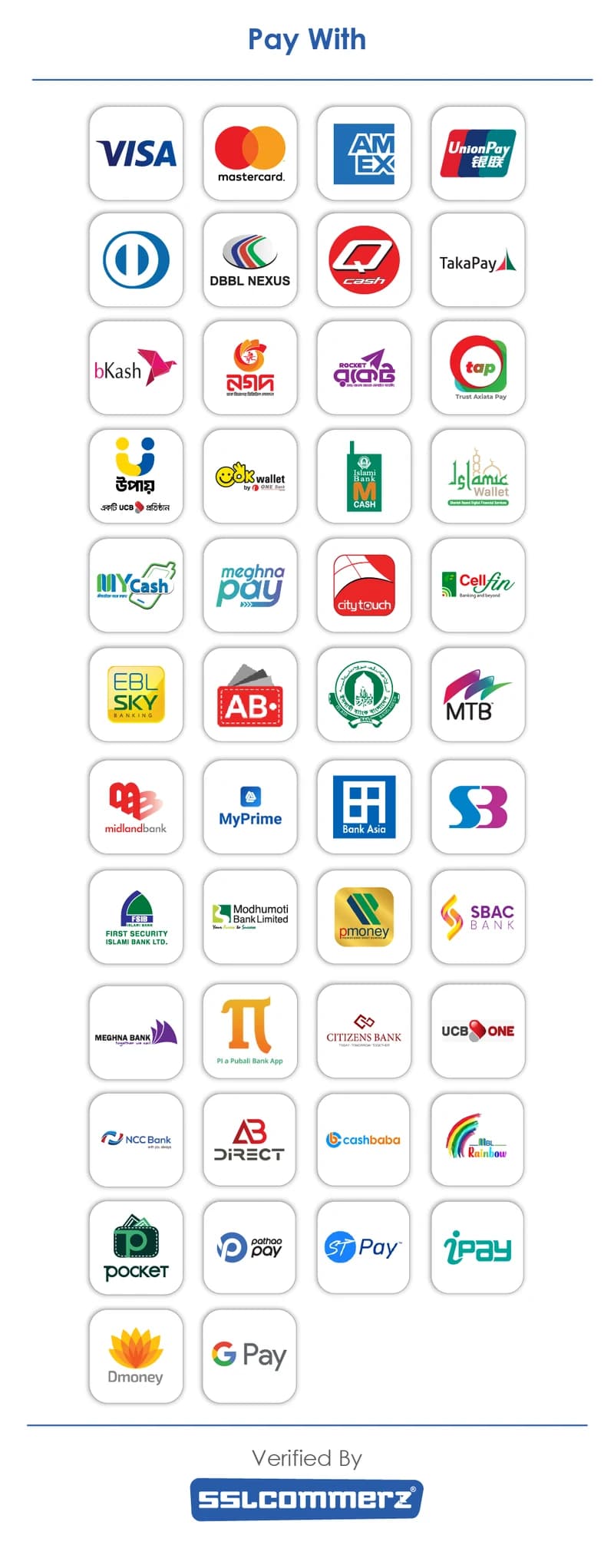 Pay with Visa, Mastercard, Amex, UnionPay, bKash, Nagad, Rocket, Upay, internet banking and e-wallets — verified by SSLCommerz